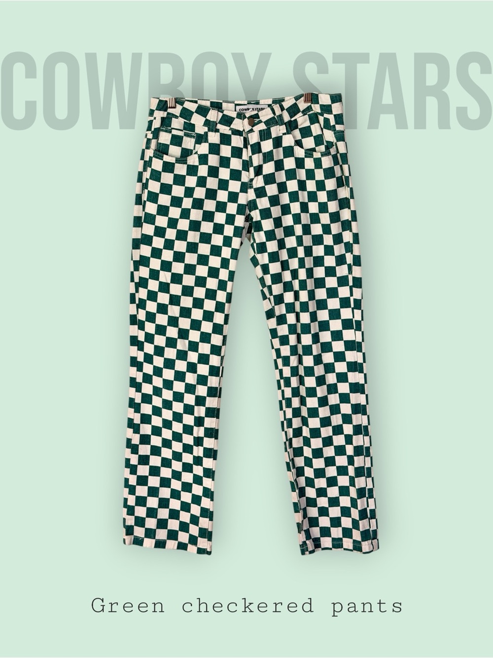 Checkerboard Print Jeans Green White Y2K Skater Grunge Size Small